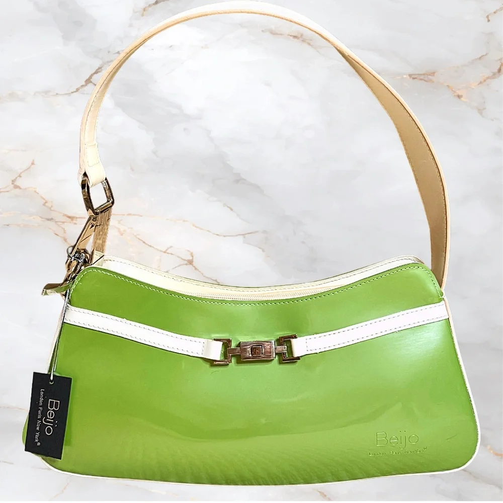 Beijo Y2K Avocado Green Glossy Hobo Shoulder Bag NWT White Trim Deadstock - Picture 2 of 13